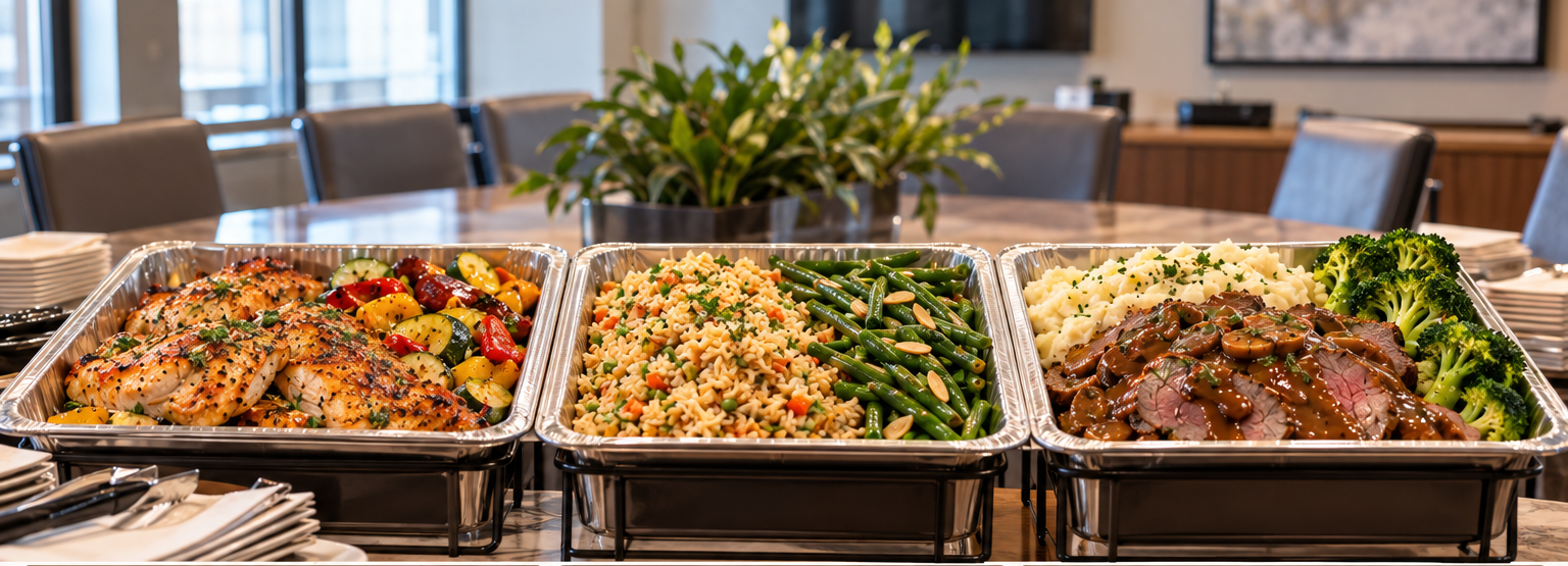 Crystal Palace corporate catering buffet trays with chicken, rice pilaf, and roast beef