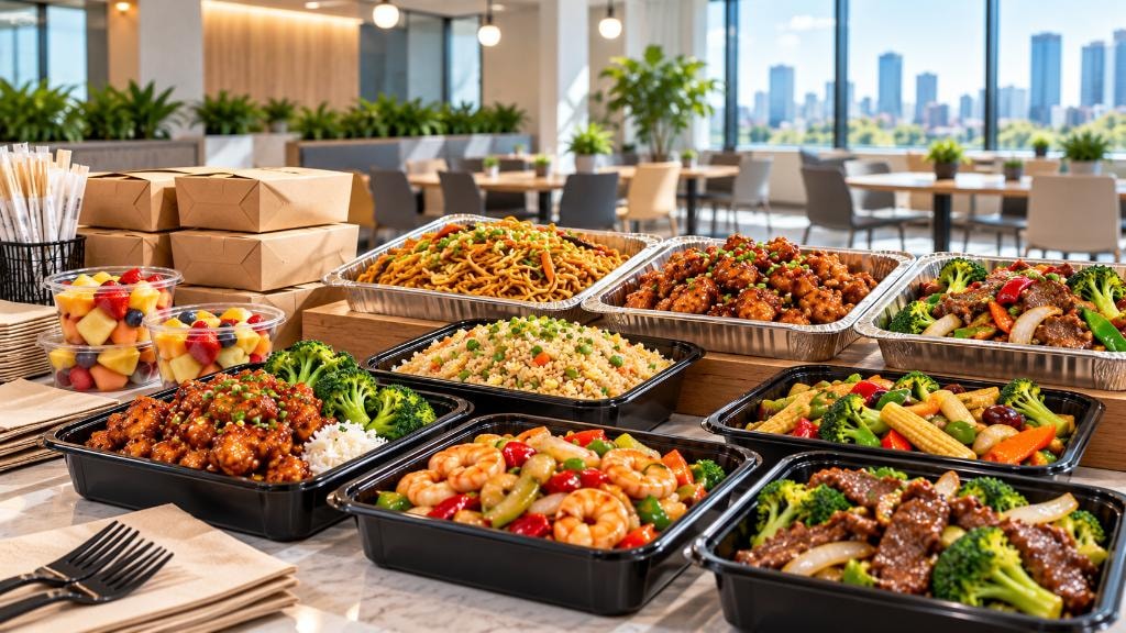 Chinese workforce meal spread with fried rice, stir-fry proteins and vegetables