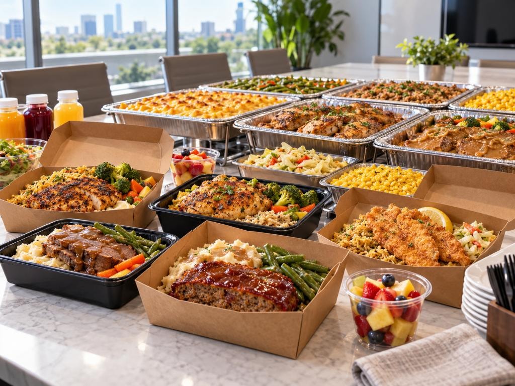 American and Cajun workforce meal spread with chicken, meatloaf, rice and vegetables