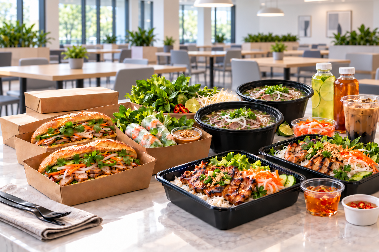 Vietnamese workforce meal spread with banh mi, pho, rice bowls and beverages